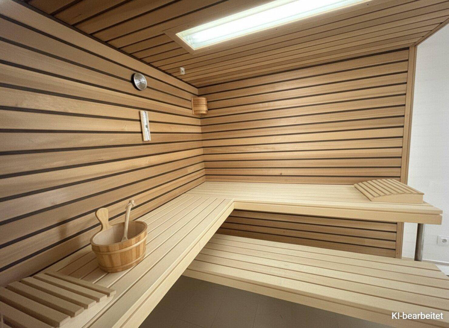 Holzvertäfelte Sauna-Kabine mit Sitzbänken, Ofen und traditionellem Zubehör.