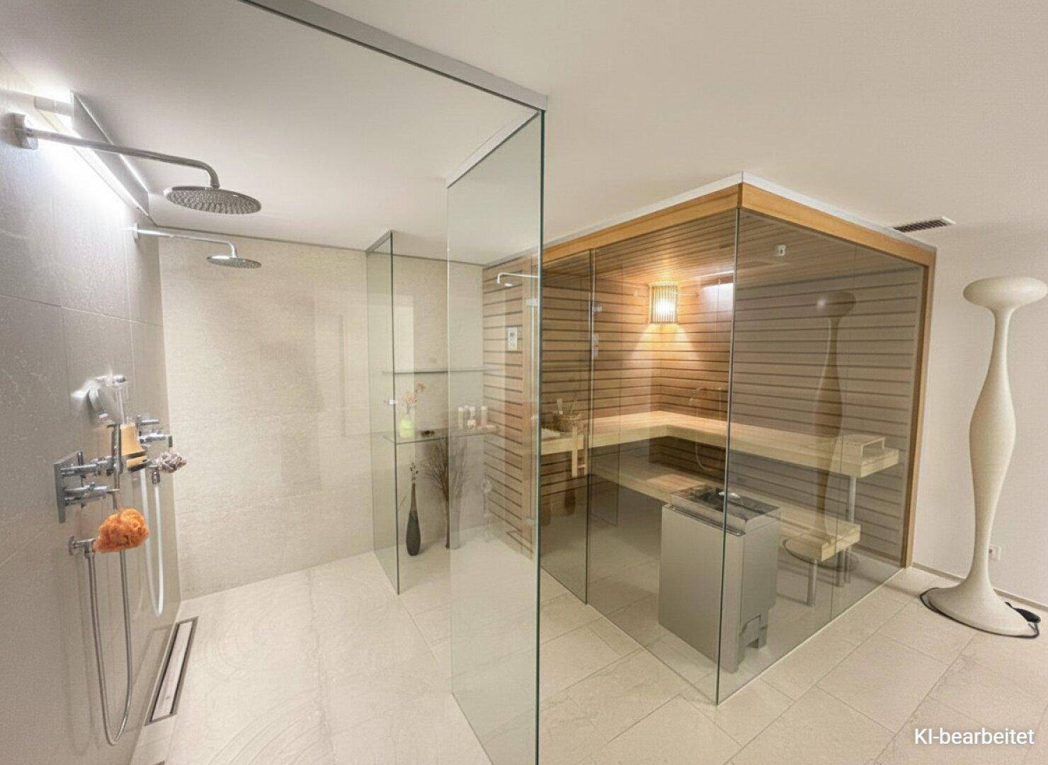 Modernes Badezimmer mit großer begehbarer Dusche und integrierter Glas-Sauna für Wellness.