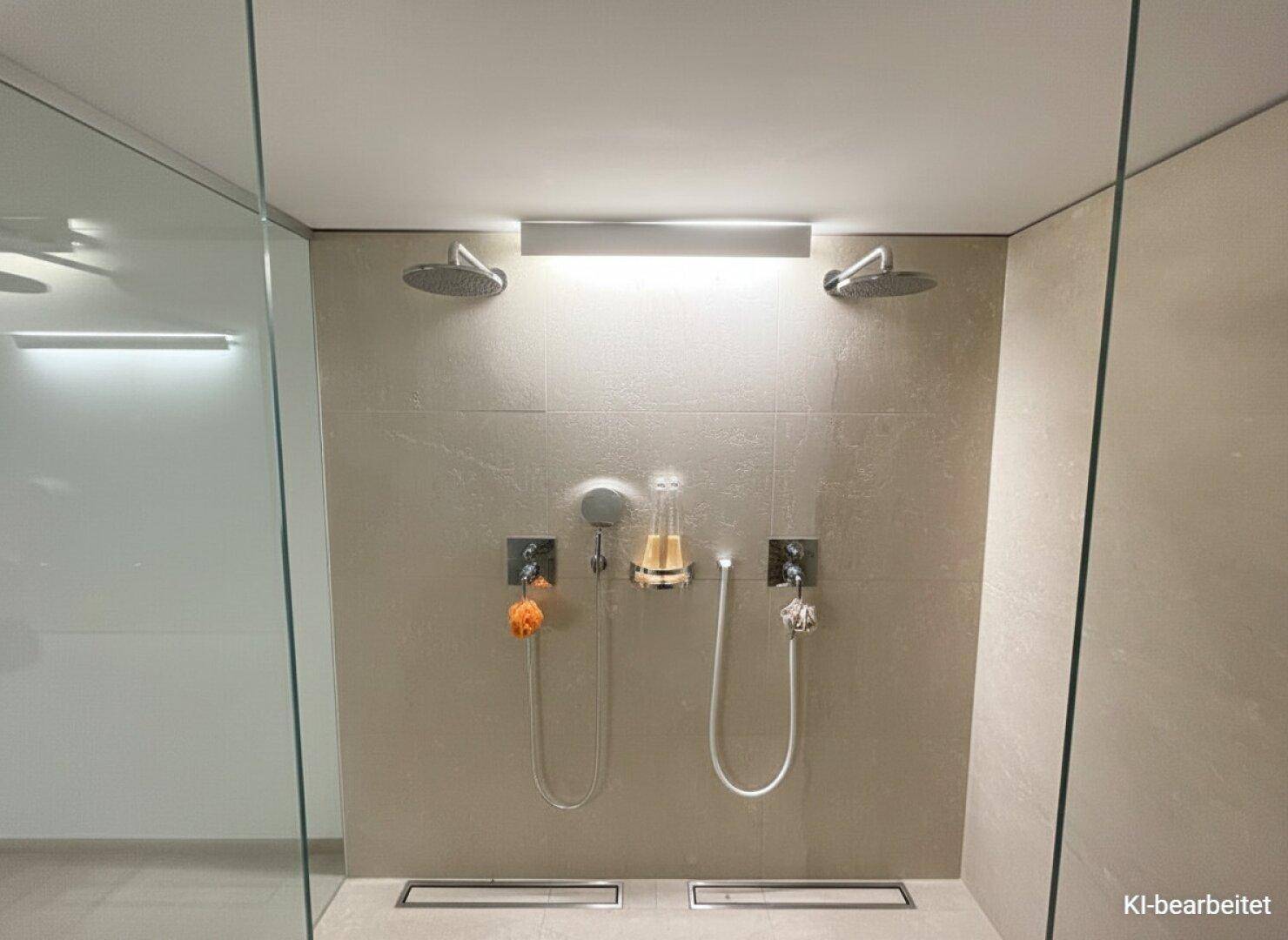 Detailansicht einer begehbaren Dusche mit zwei Regenduschköpfen und modernen Armaturen.
