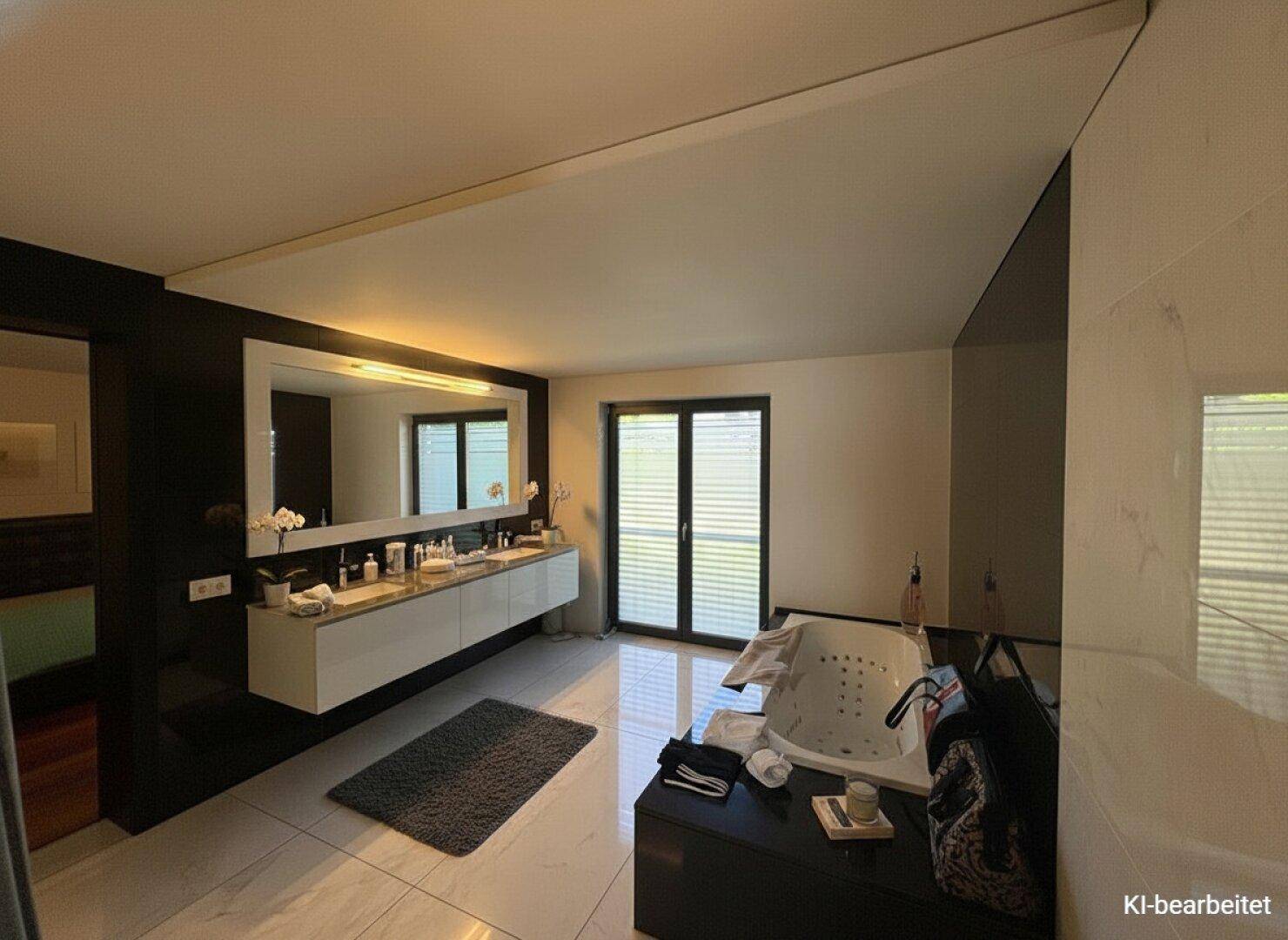 Luxuriöses Badezimmer mit Whirlpool, Doppelwaschbecken, großem Spiegel und hellen Marmorfliesen.