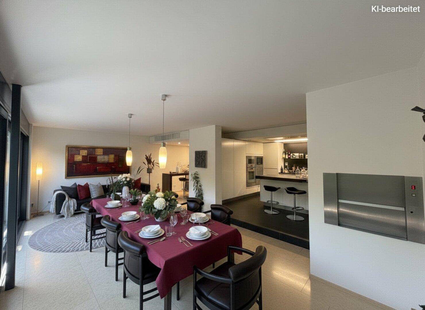 Eleganter Essbereich kombiniert mit einer modernen Küche und Bar, mit gedecktem Tisch und sichtbarem Aufzug.