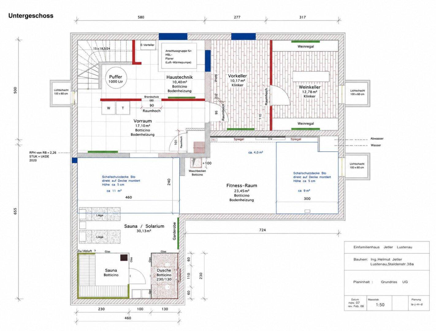 Grundriss des Untergeschosses mit Sauna, Fitnessraum und Weinkeller.