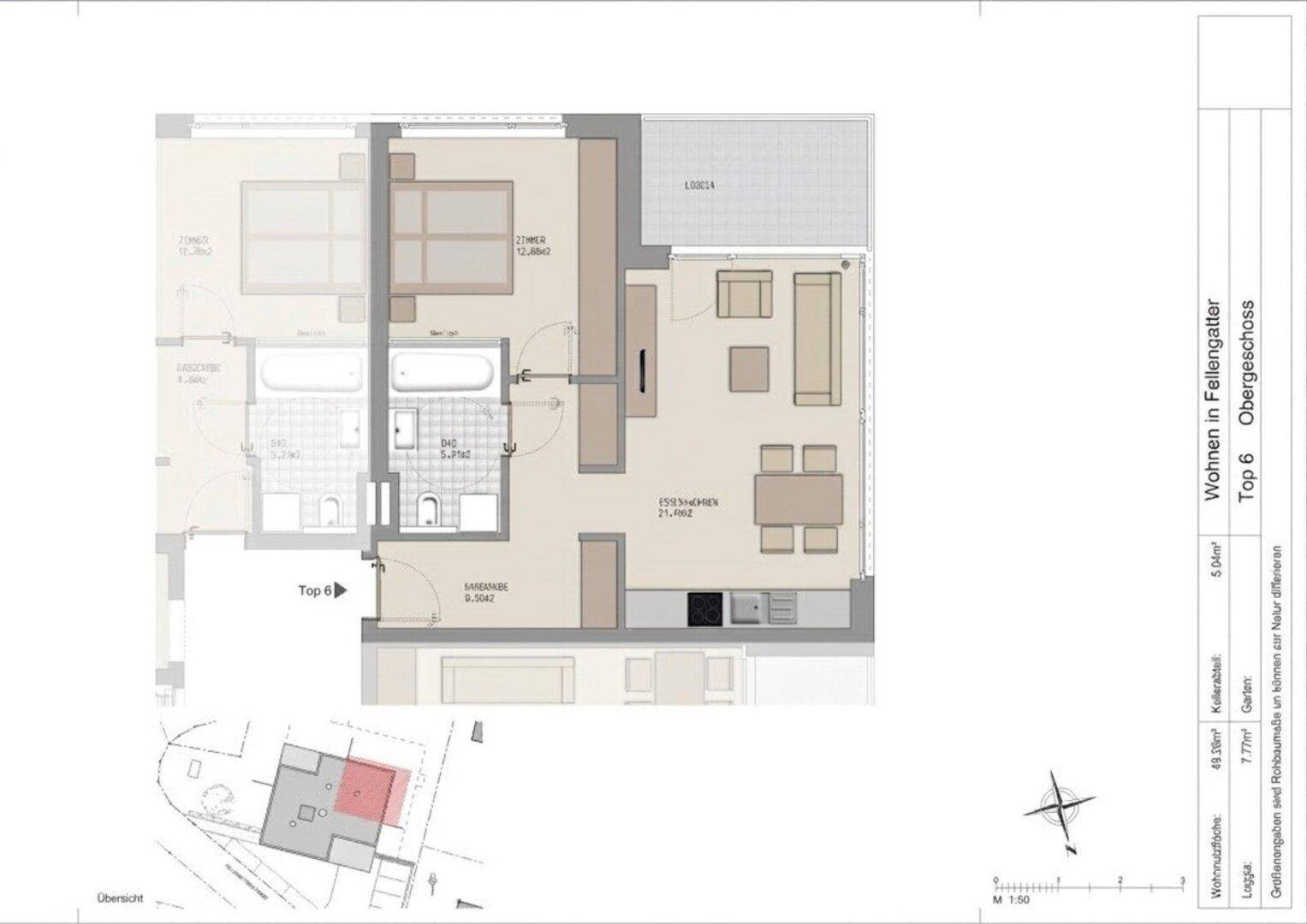 Grundriss einer Obergeschosswohnung mit offenem Wohnbereich, zwei Schlafzimmern, zwei Bädern und einer Loggia.