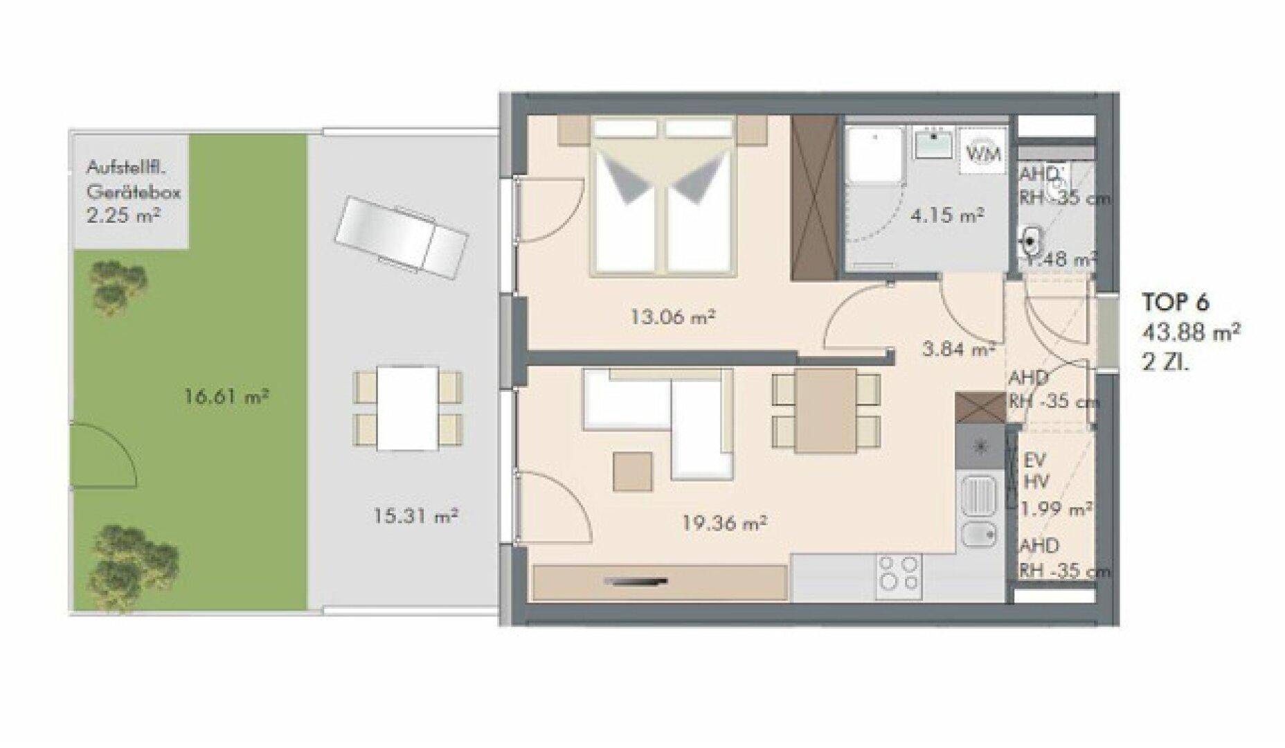 Detaillierter Grundriss einer 2-Zimmer-Wohnung mit Terrasse und Gartenbereich.