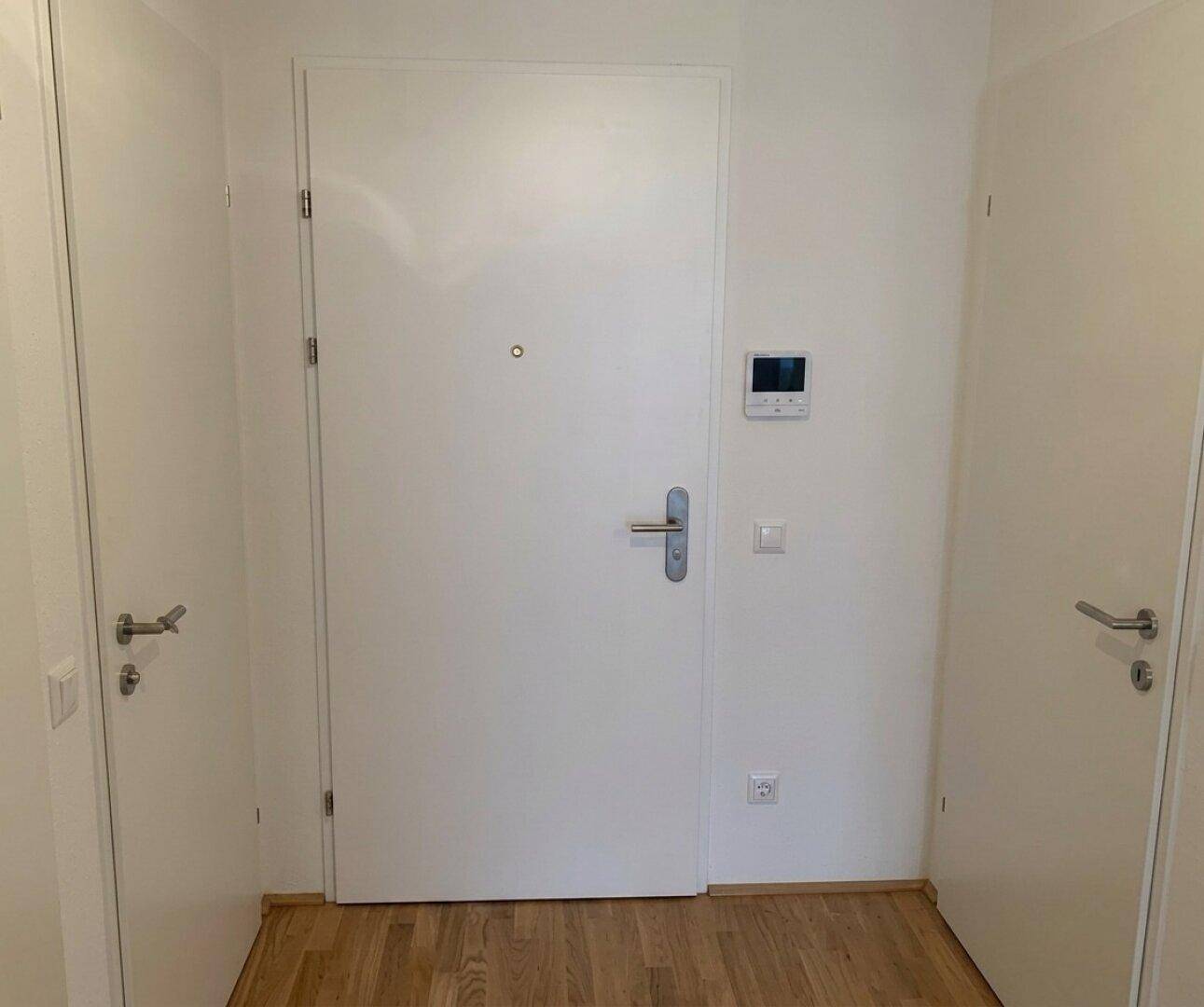Eingangsbereich mit weißer Wohnungstür, Gegensprechanlage und hellem Parkettboden.