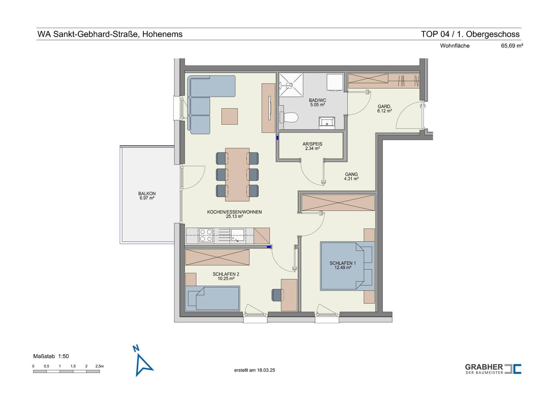Detaillierter Grundriss einer Wohnung mit zwei Schlafzimmern, offenem Wohnbereich und Balkon.