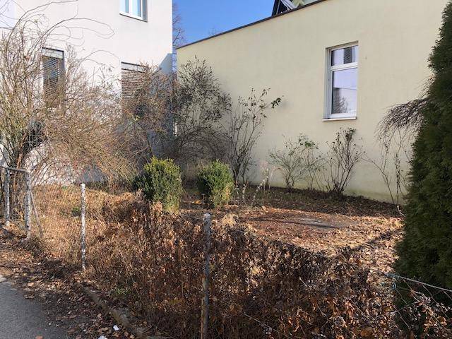 Verwilderter Gartenbereich mit Büschen und Bäumen, umgeben von einem Zaun und angrenzenden Gebäuden.