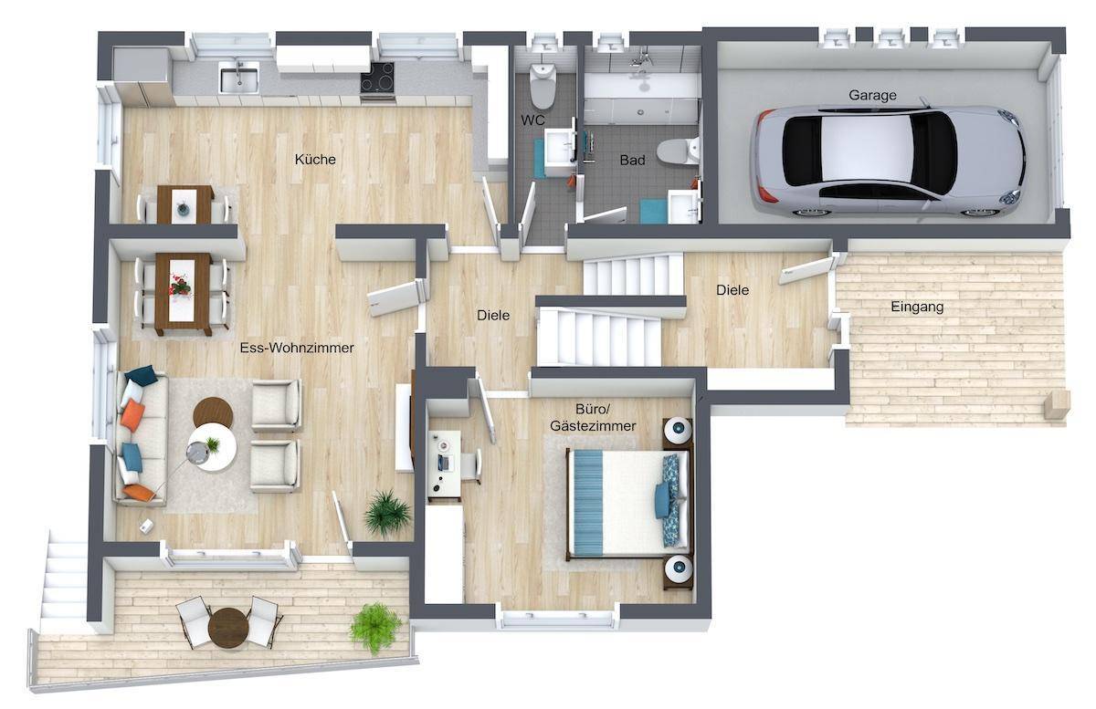 Grundriss des Erdgeschosses mit offenem Wohnbereich, Küche und Garage.