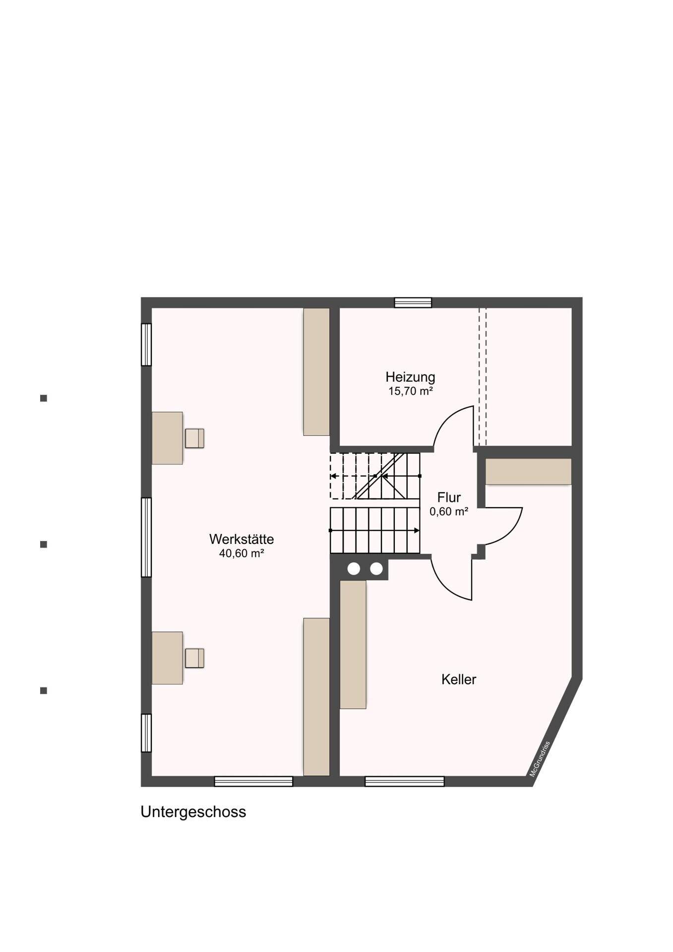 Grundriss des Untergeschosses mit einer Werkstatt, Keller und einem Heizungsraum.