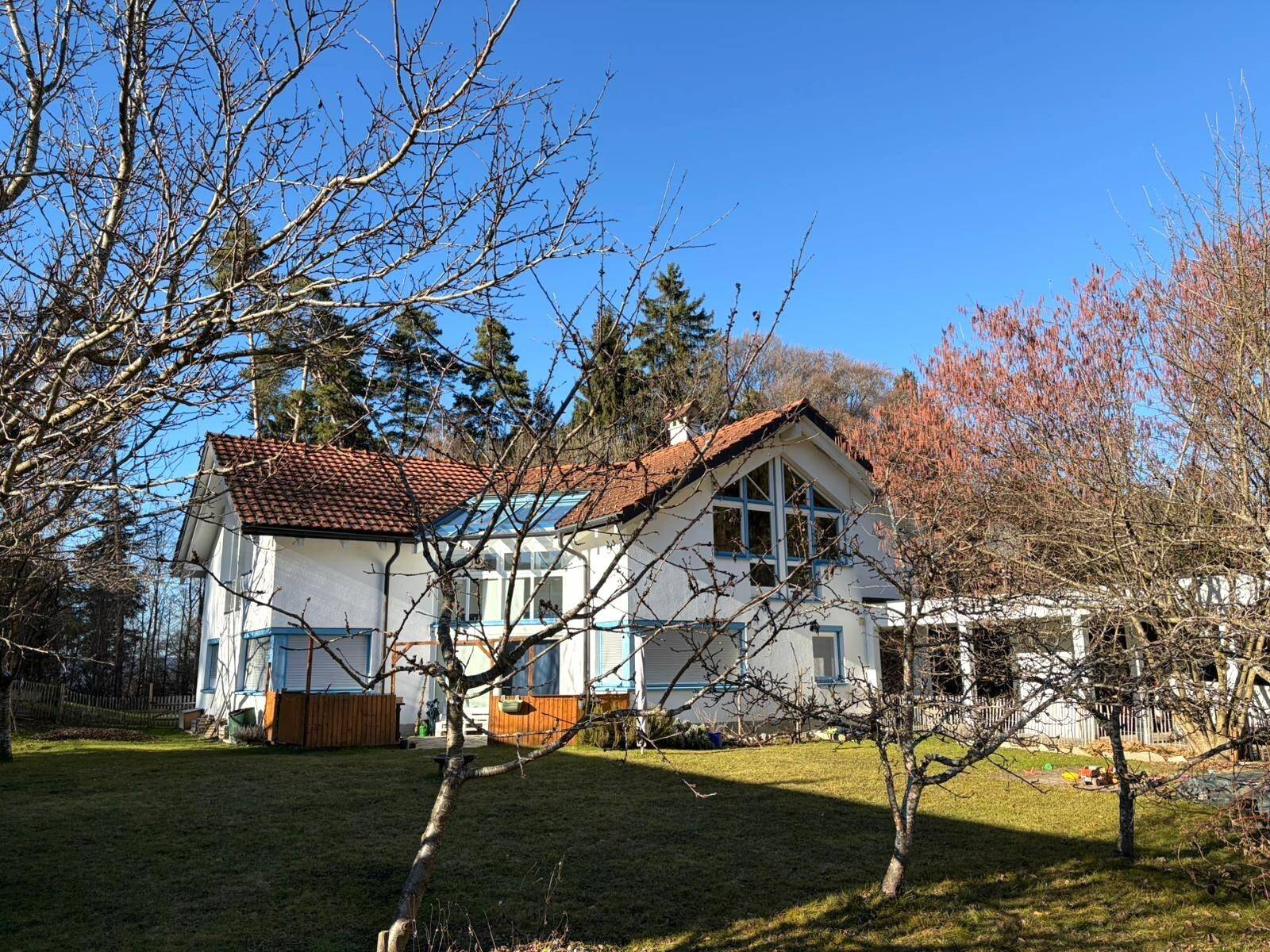 Freistehendes Haus mit Satteldach und blauen Fensterrahmen, umgeben von Bäumen in winterlicher Landschaft.