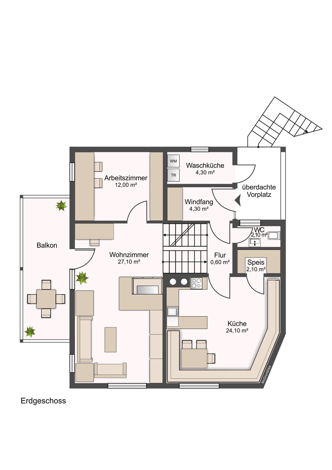 Grundriss des Erdgeschosses mit Wohnzimmer, Küche, Arbeitszimmer, Waschküche und Balkon.