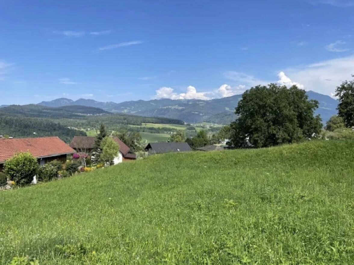Weitläufige grüne Landschaft mit Häusern und majestätischem Bergblick unter blauem Himmel.