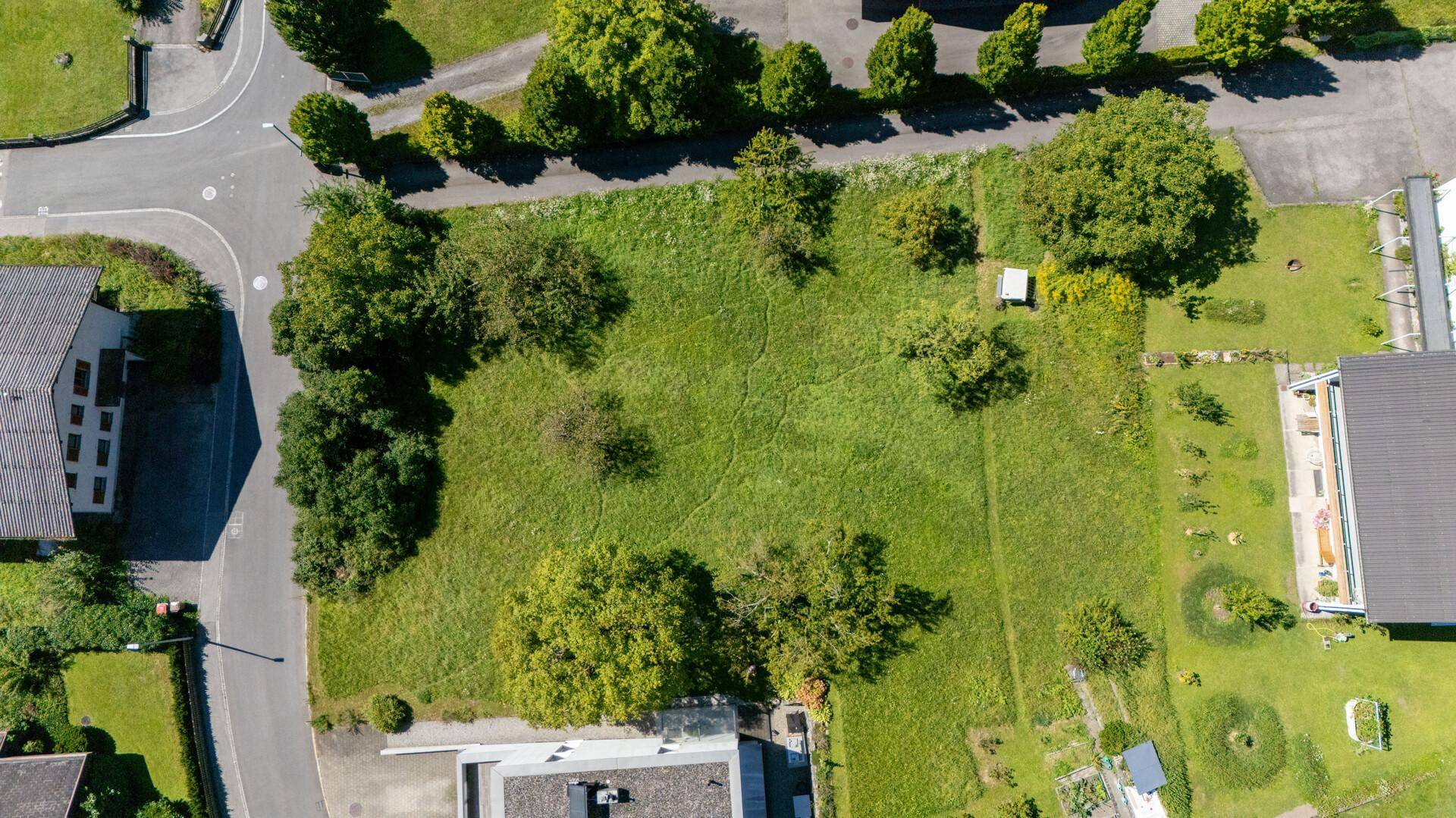 Übersicht aus der Vogelperspektive auf ein großes, grünes Baugrundstück mit Bäumen und angrenzenden Straßen.
