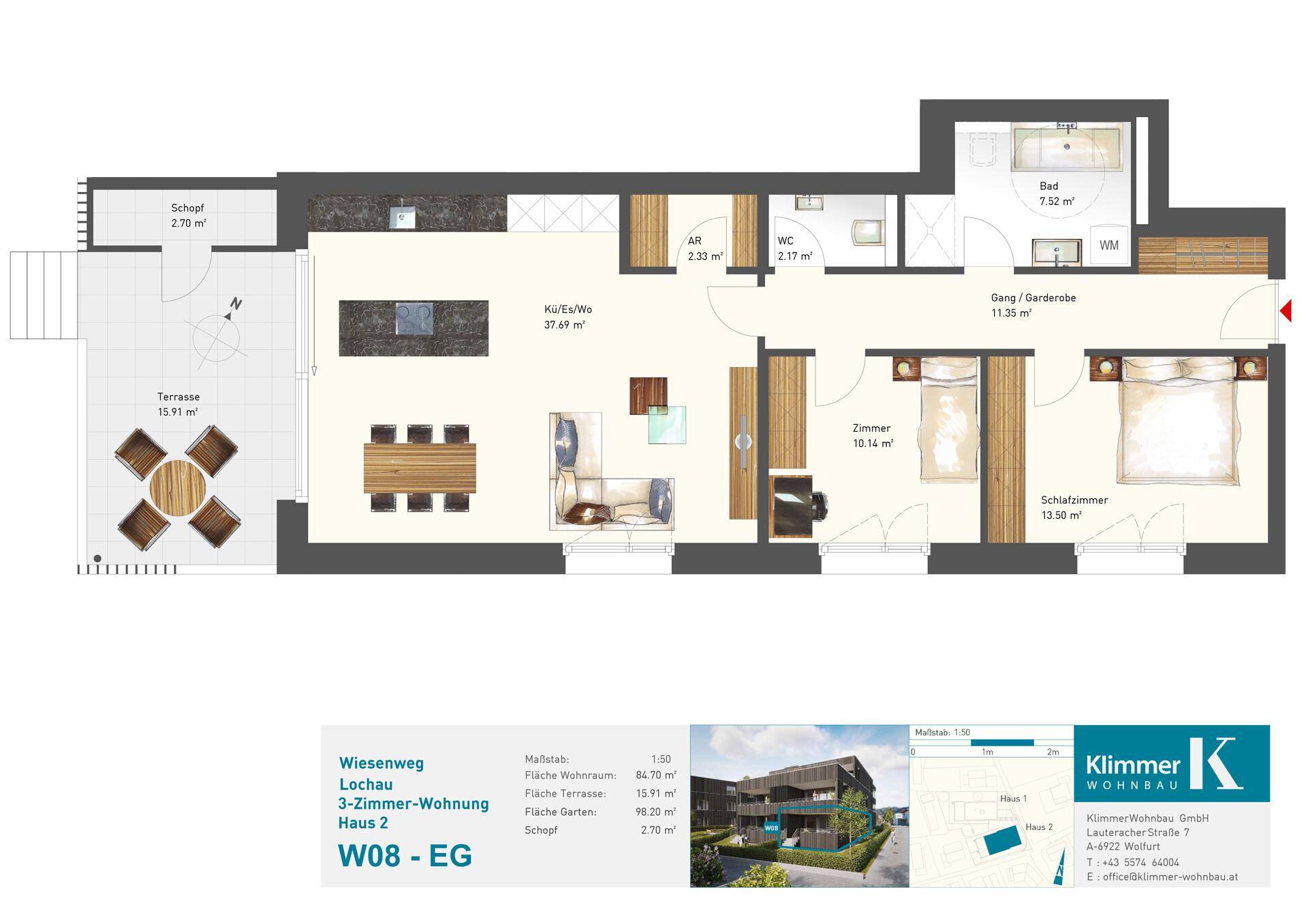 Grundriss einer 3-Zimmer-Wohnung mit offenem Wohnbereich, zwei Schlafzimmern und großer Terrasse mit Gartenzugang.