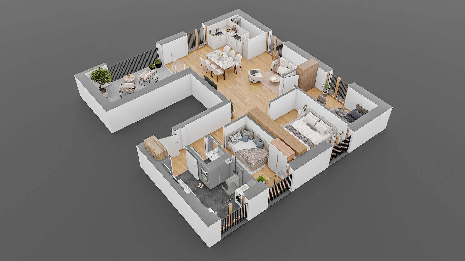 Moderner 3D-Grundriss mit offenem Wohnbereich, zwei Schlafzimmern, zwei Bädern und einer Terrasse.