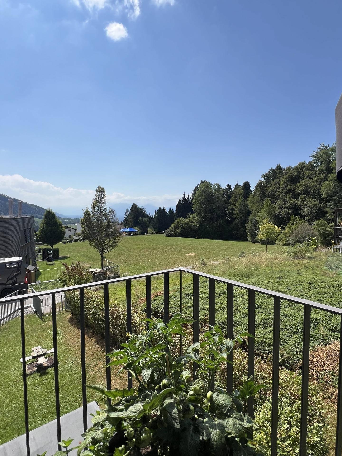 Balkon mit weitem Blick über grüne Wiesen und Bäume, ideal für Naturliebhaber.