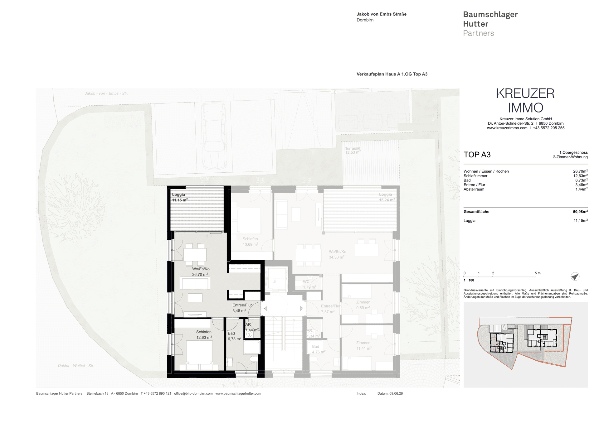 Grundrissplan des ersten Obergeschosses von Einheit A3 mit offenem Wohnbereich und Loggia.