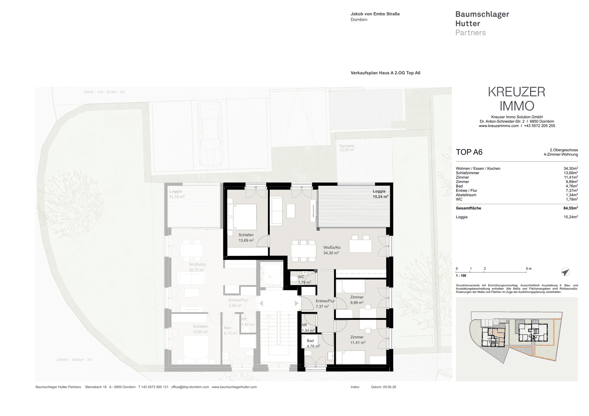 Detaillierter Grundriss der Wohnung Top A6 mit Raumaufteilung und Flächenangaben.