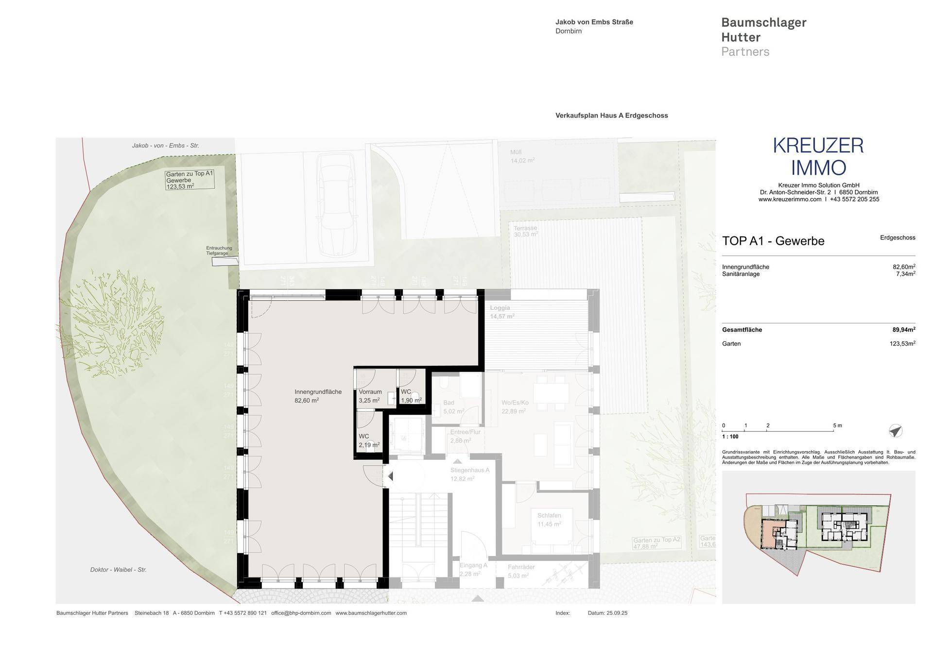 Grundriss des Erdgeschosses mit Gewerbefläche, WC und Zugang zum Gartenbereich.