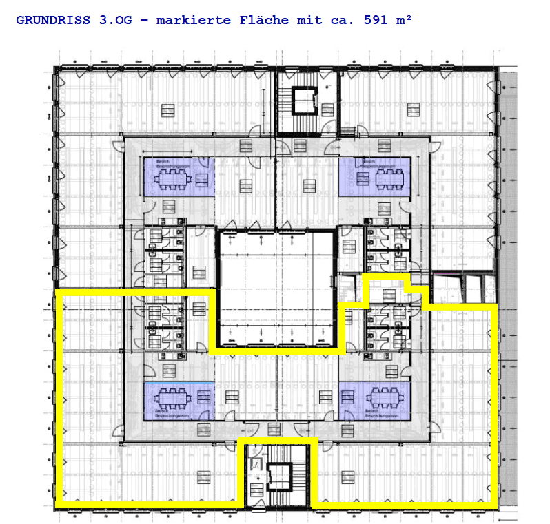 Grundriss des 3. Obergeschosses mit einer markierten Fläche von ca. 591 m² für Büronutzung.