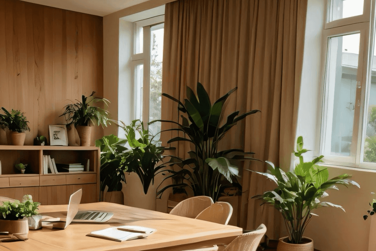 Helles Büro mit Holzwänden, vielen Pflanzen und natürlichem Lichteinfall durch große Fenster.