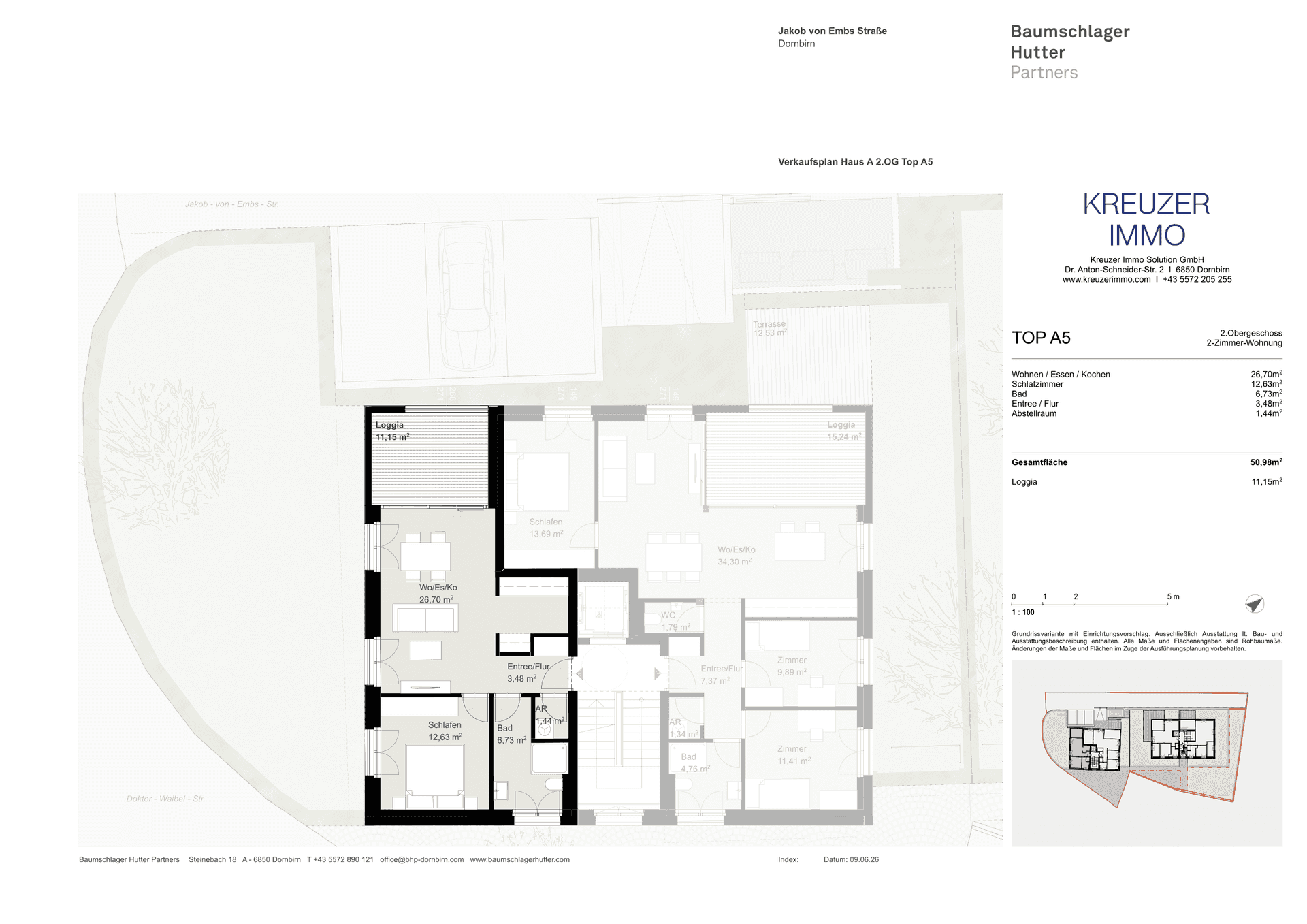 Detaillierter Grundriss der Wohnung TOP A5 im 2. Obergeschoss mit Loggia und Abstellraum.