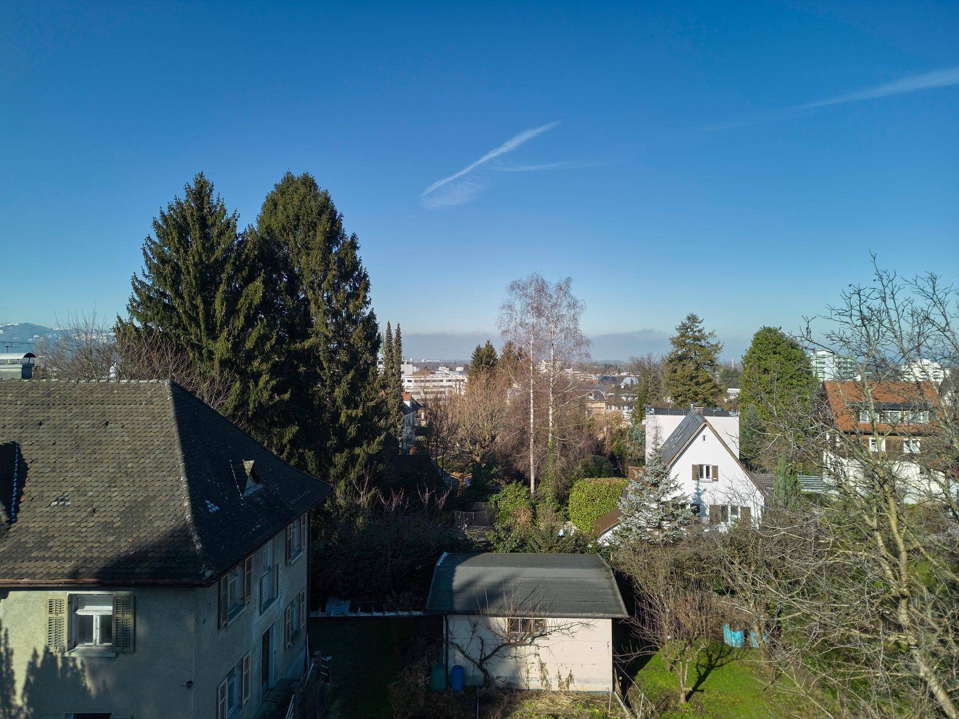 Weitläufiger Blick über eine Wohngegend mit vielen Bäumen und Häusern unter blauem Himmel.