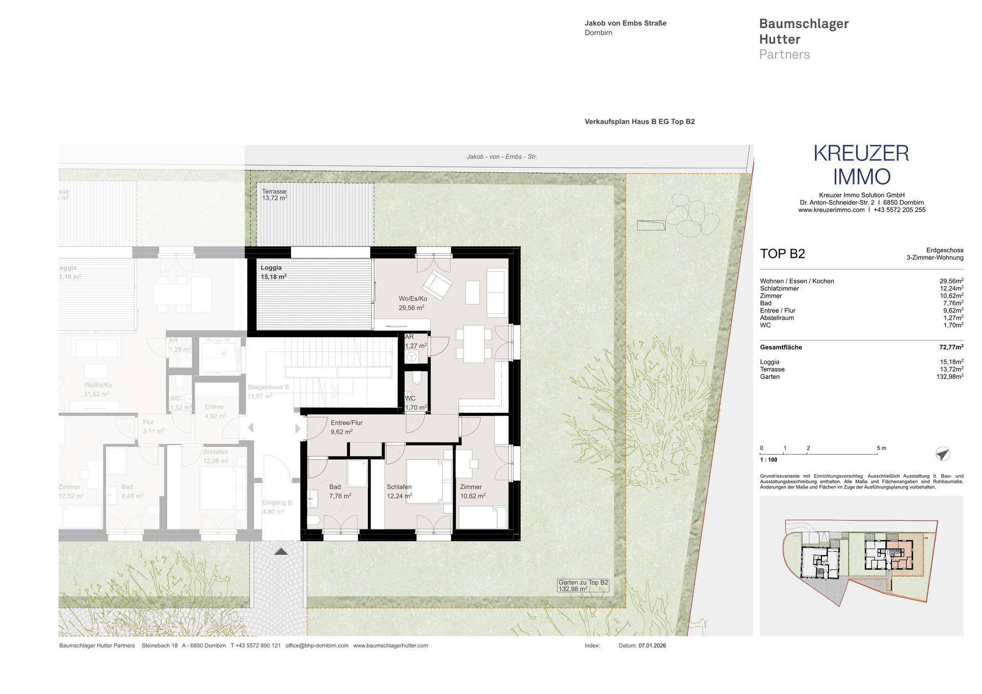 Dornbirn, Oberdorf - helle, sonnige und ruhige 2- oder 3-Zimmer-Wohnung mit großer Terrasse und großem Garten - Ansicht 5