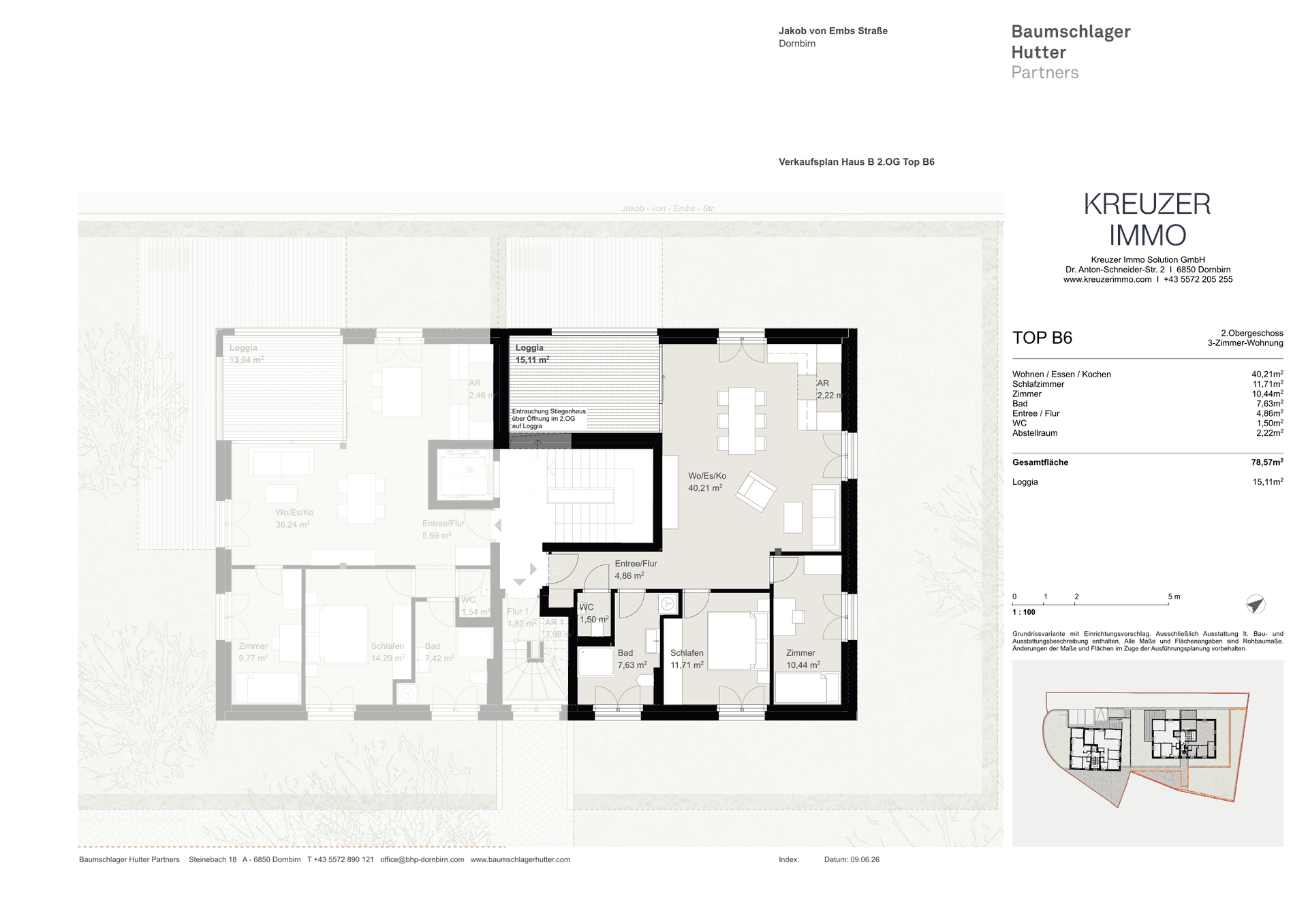 Detaillierter Grundriss der Wohnung Top B6 im 2. Obergeschoss mit Loggia und offenem Wohnbereich.