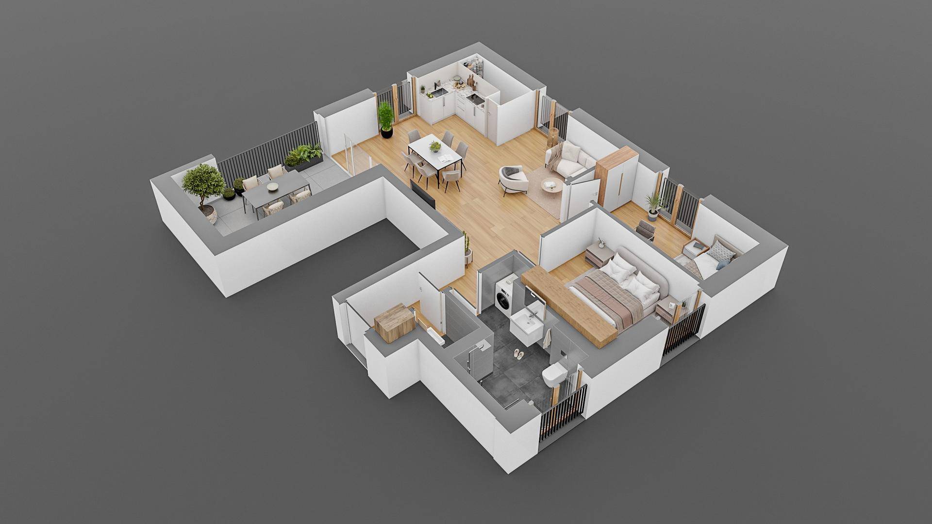 Moderner 3D-Grundriss einer Wohnung mit offenem Wohn-Essbereich, integrierter Küche, zwei Schlafzimmern und einer großzügigen Terrasse.