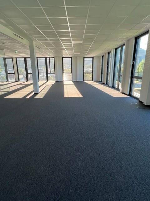 Heller Büroraum mit viel Tageslicht, das durch die großen Fenster auf den Teppichboden fällt.