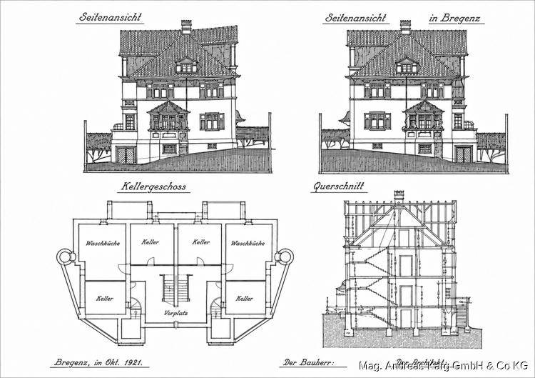 Historische Baupläne der Villa von 1921 mit Seitenansichten und Kellergeschoss-Grundriss.