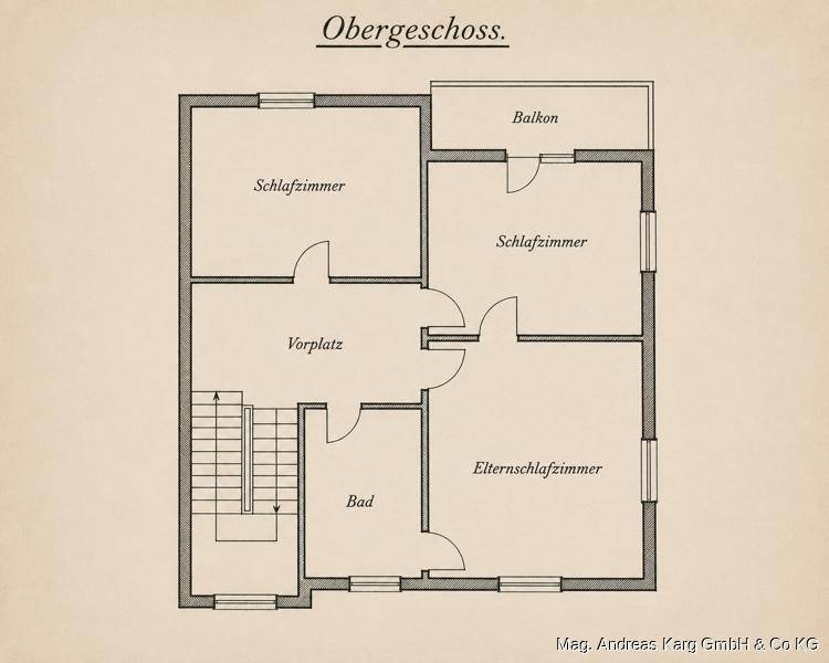 Grundriss des Obergeschosses mit drei Schlafzimmern, Bad und Balkon.