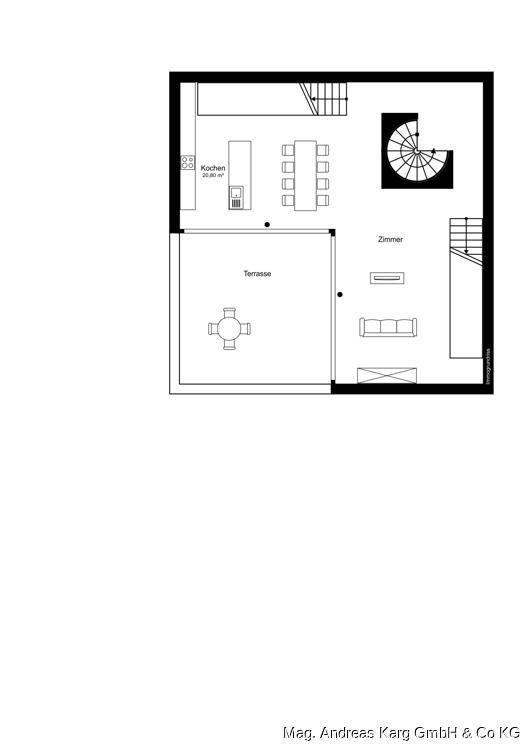 Grundriss des Erdgeschosses mit offener Küche, Essbereich, Wohnzimmer und großer Terrasse.