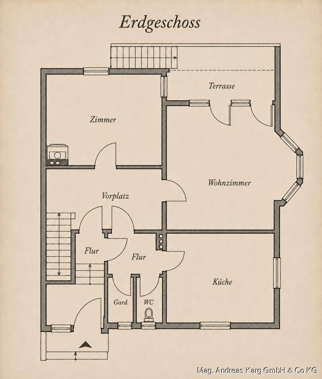 Grundriss des Erdgeschosses mit Wohnzimmer, Küche, Zimmer, WC und Terrasse.