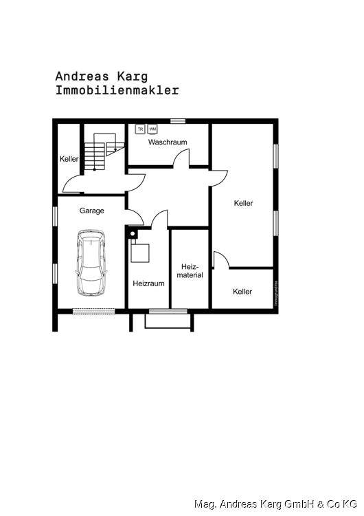 Grundriss des Untergeschosses mit Garage, Heizraum, Waschraum und Kellerräumen.