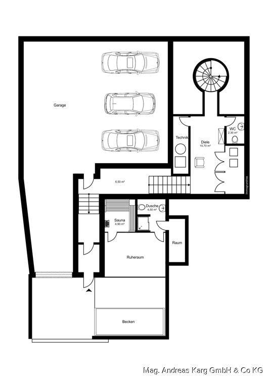 Grundriss des Untergeschosses mit Garage, Technikraum, Sauna und Ruhebereich.