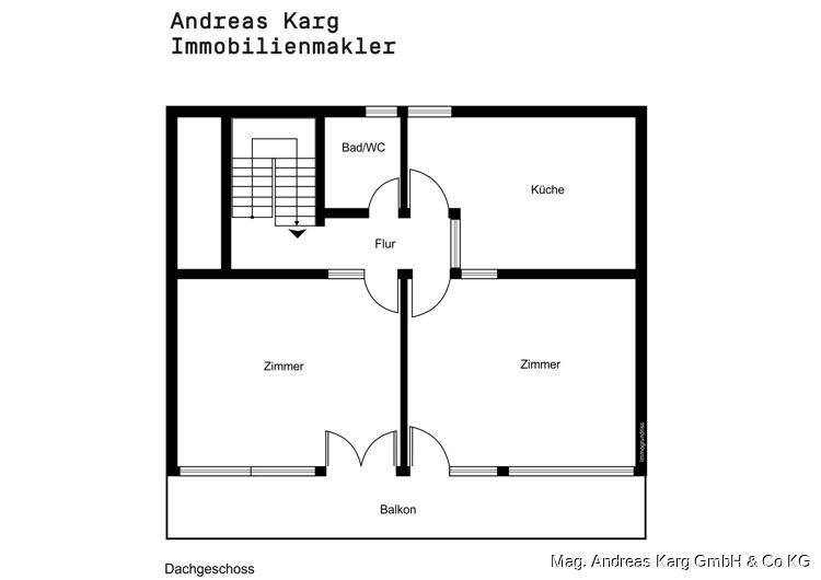 Grundriss des Dachgeschosses mit Küche, Bad/WC, Flur, zwei Zimmern und Balkon.