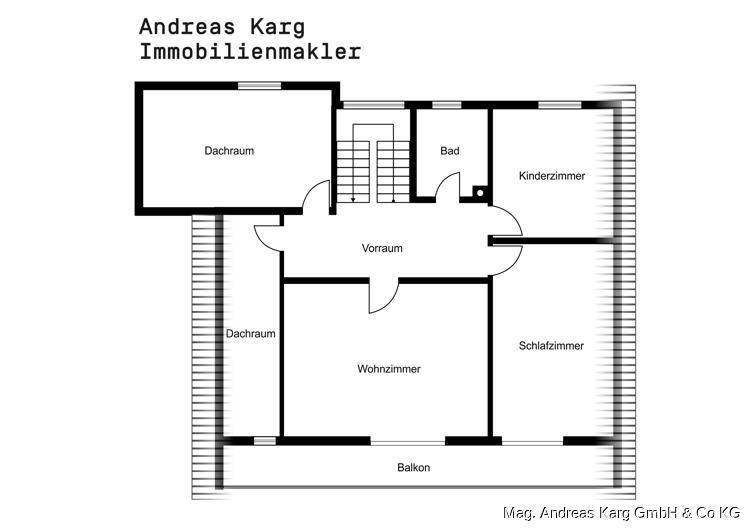 Grundriss des Obergeschosses mit Schlafzimmer, Kinderzimmer, Bad und Balkon.