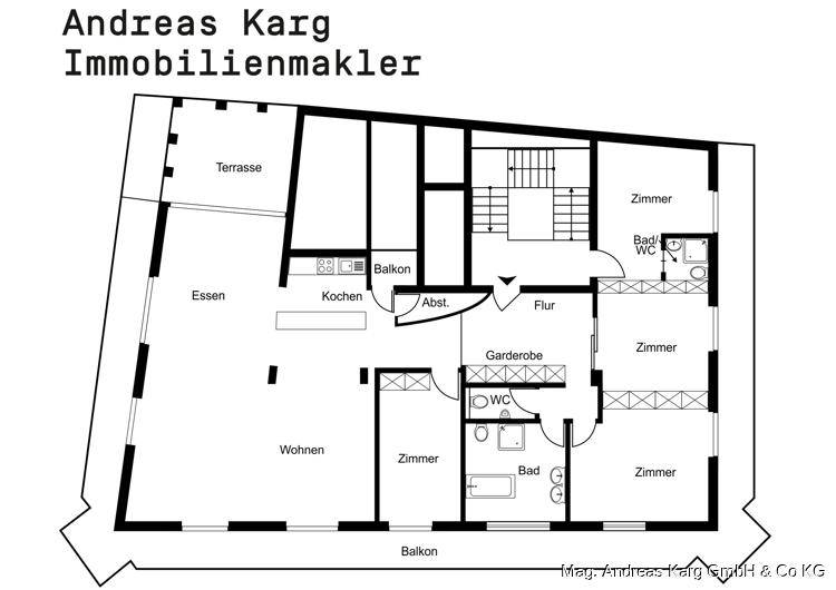Grundrissplan mit Terrasse, Balkon, Küche, Wohn- und Essbereich sowie mehreren Zimmern.