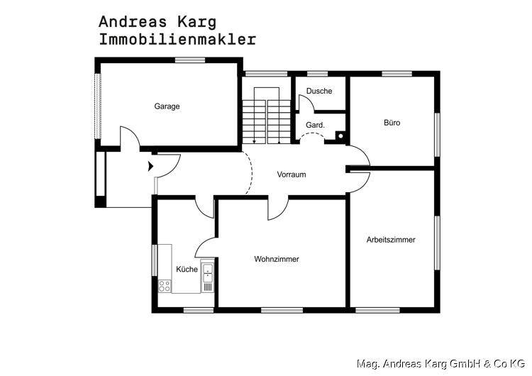 Grundriss des Erdgeschosses mit Garage, Wohnzimmer, Küche, Büro und Duschbad.