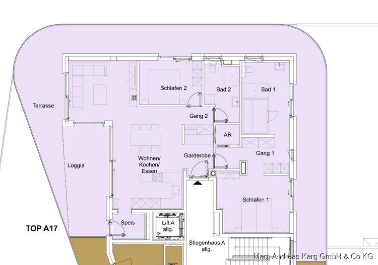 Grundriss der Wohnung TOP A17 mit Terrasse, Loggia, zwei Schlafzimmern und zwei Bädern.