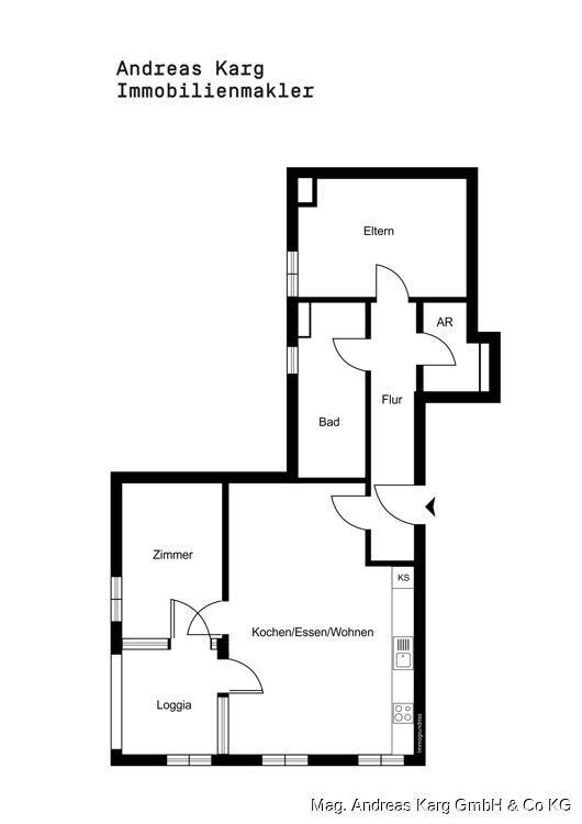 Grundriss einer modernen Wohnung mit offenem Wohn-, Ess- und Kochbereich sowie separaten Schlafzimmern und Loggia.
