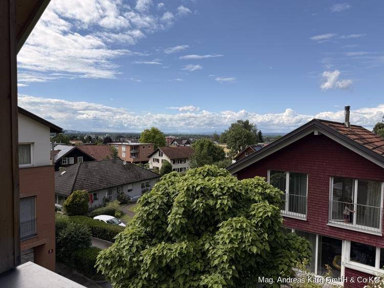 Panoramablick über eine ruhige Wohnsiedlung mit viel Grün und einem weiten Horizont unter blauem Himmel.