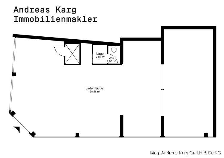 Grundriss einer Ladenfläche mit 128,58 m² und separatem Lagerraum sowie WC.