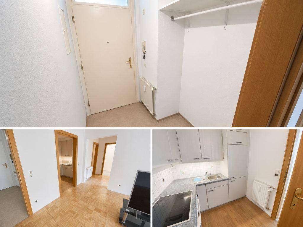 Collage zeigt den Eingangsbereich, ein offenes Wohnzimmer und eine kleine Einbauküche.