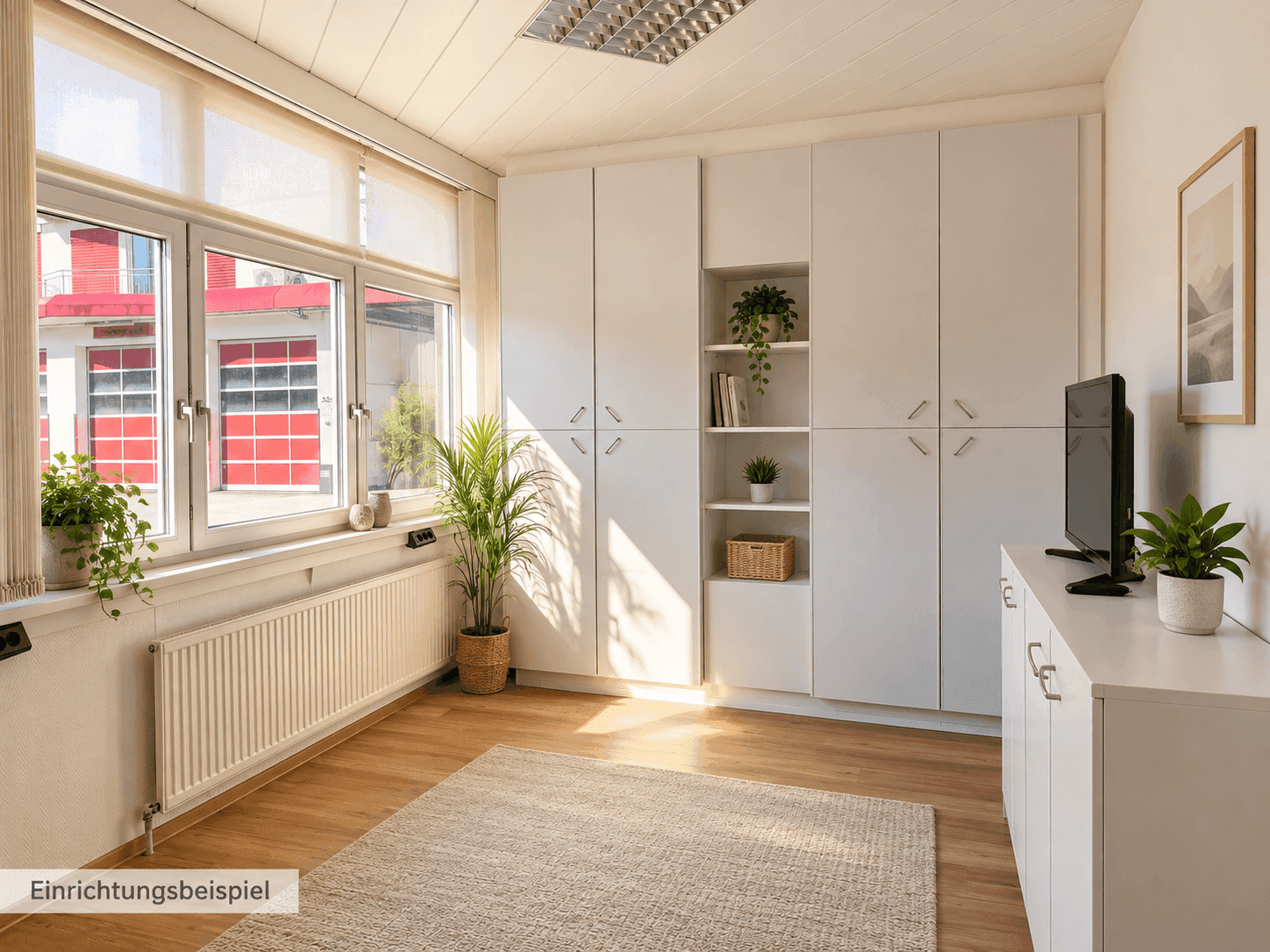 Heller Büroraum mit Einbauschränken, Laminatboden und großem Fenster für viel Tageslicht.