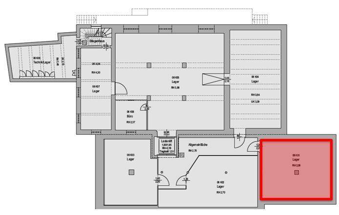 Detaillierter Grundriss mit verschiedenen Lagerbereichen, Büro und Technikraum, inklusive Maßen.