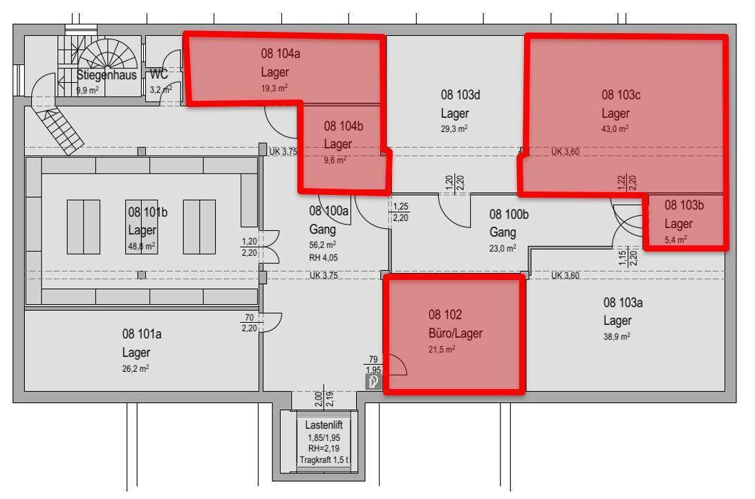 Grundrissplan mit verschiedenen Lagerbereichen und einem Büro, inklusive Treppenhaus und WC.