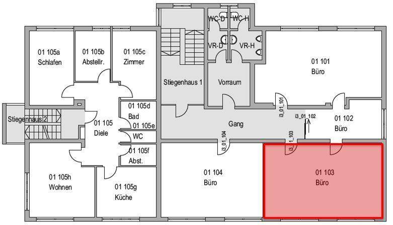 Grundrissplan eines Gebäudes mit mehreren Büroräumen, Schlafzimmern, einer Küche und Badezimmern auf einer Etage.